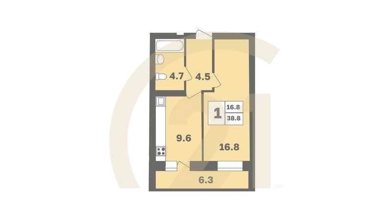 1-комн, 38.9 м², 8-9 этаж