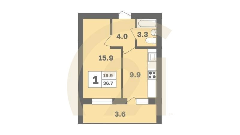 1-комн, 36.7 м², 2-3 этаж