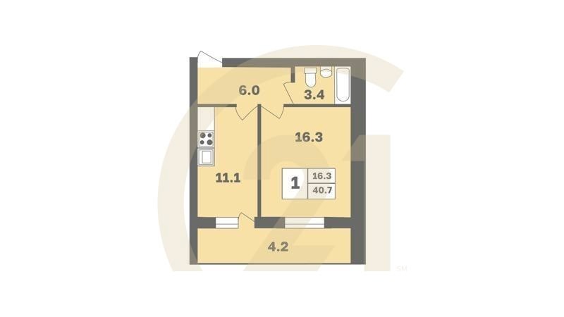 1-комн, 40.7 м², 2-9 этаж