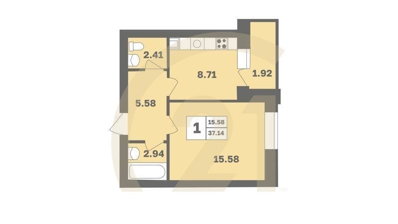 1-комн, 38.2 м², 1 этаж