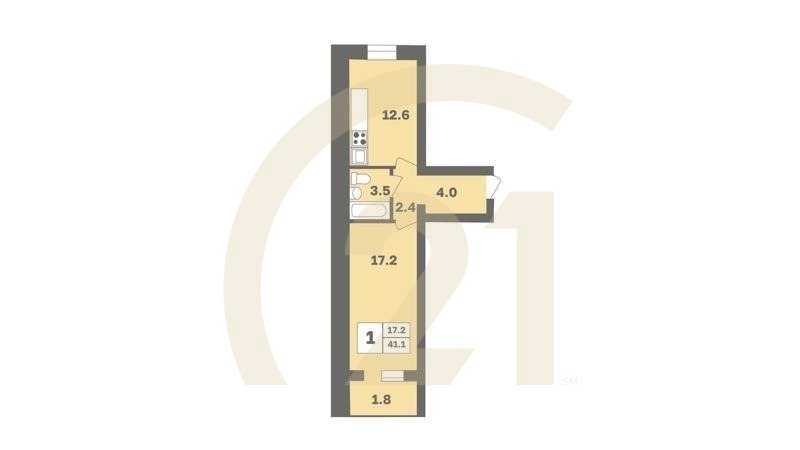 1-комн, 41.1 м², 8-9 этаж