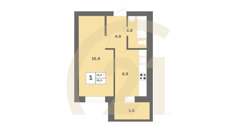 1-комн, 35 м², 6-9 этаж