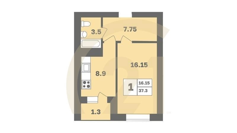1-комн, 37.3 м², 1 этаж