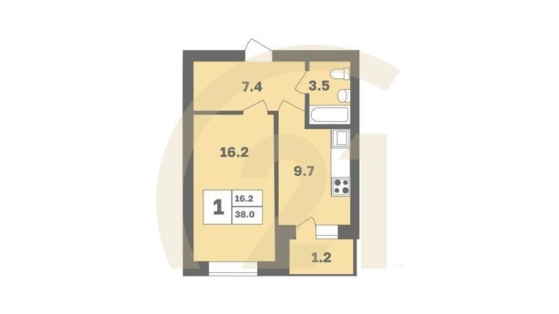 1-комн, 38 м², 2-9 этаж
