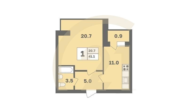 1-комн, 41.1 м², 2 этаж