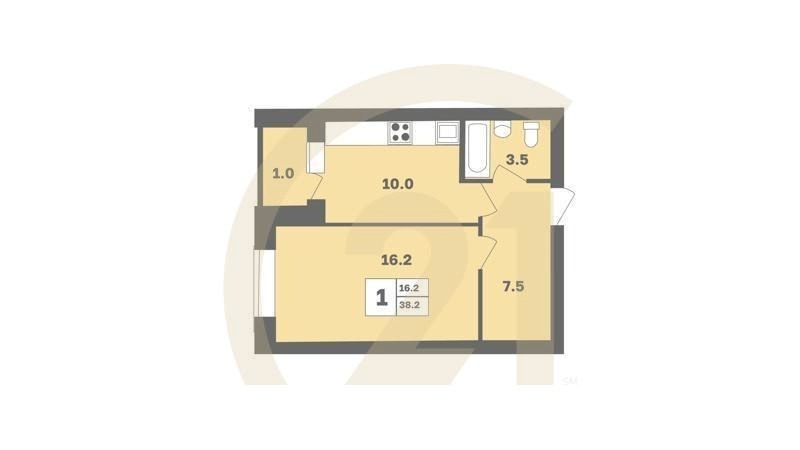 1-комн, 38.2 м², 2-8 этаж