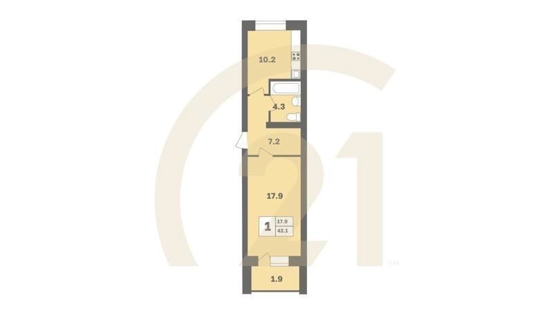 1-комн, 42.1 м², 2-9 этаж