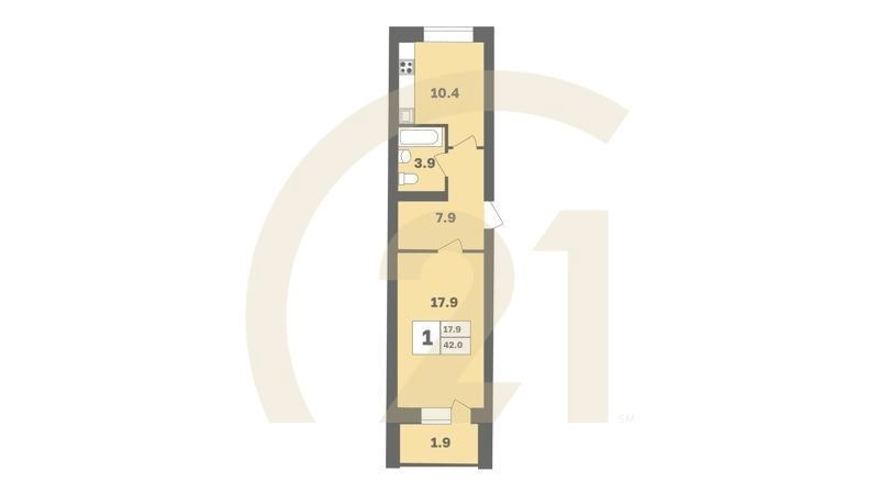 1-комн, 42 м², 2-9 этаж