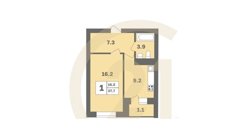 1-комн, 37.7 м², 9 этаж