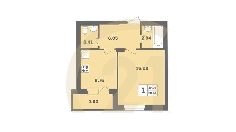 1-комн, 38.14 м², 1 этаж