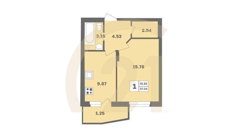 1-комн, 37.8 м², 1 этаж