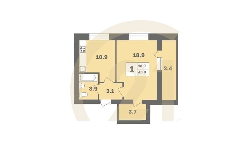 1-комн, 43.9 м², 2-8 этаж