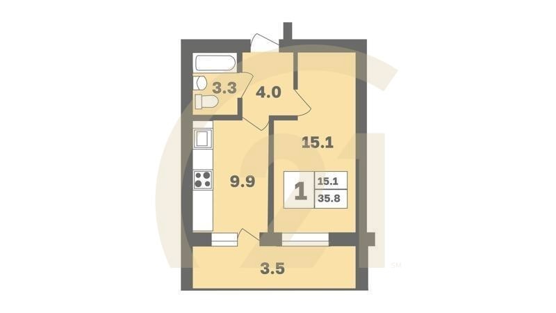 1-комн, 35.8 м², 8-9 этаж
