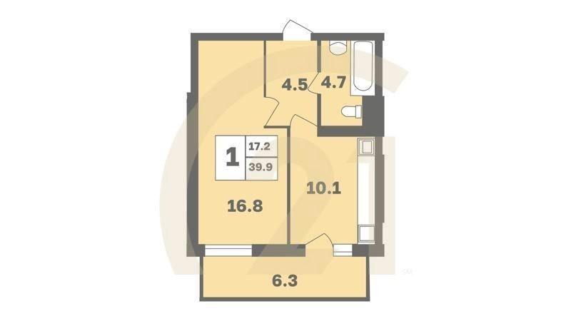 1-комн, 39.9 м², 2 этаж