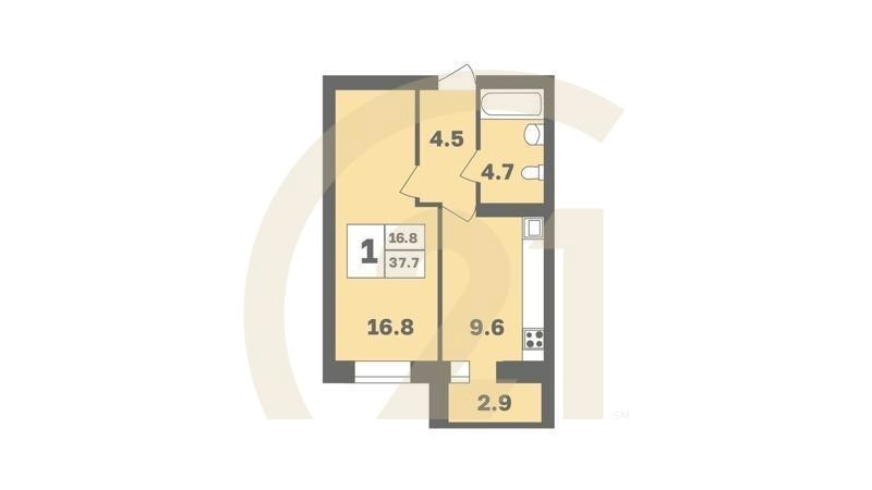 1-комн, 36.9 м², 2-9 этаж