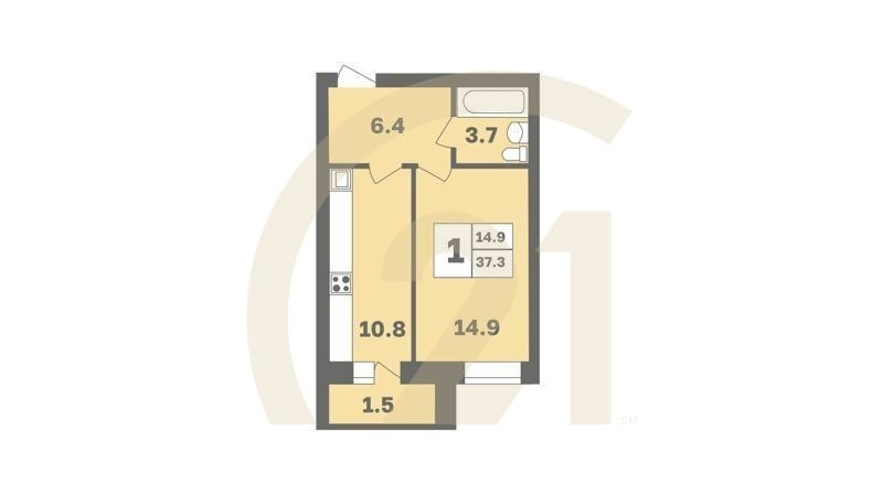 1-комн, 37.3 м², 2-9 этаж