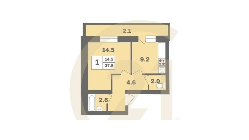 1-комн, 37.8 м², 2-9 этаж