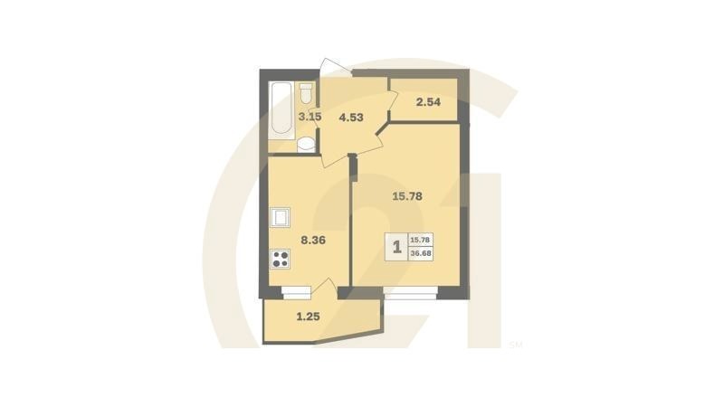 1-комн, 36.8 м², 1 этаж