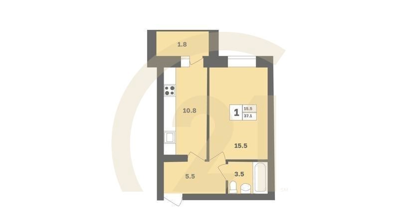 1-комн, 37.1 м², 1-9 этаж