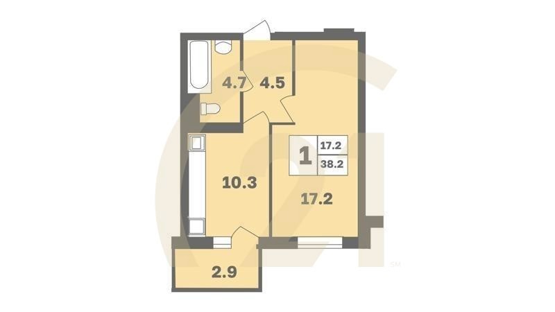 1-комн, 38.2 м², 2-11 этаж