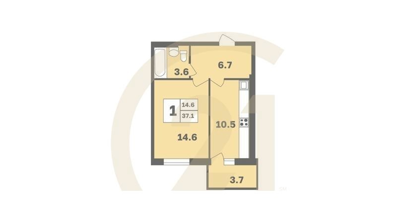 1-комн, 37 м², 1-9 этаж