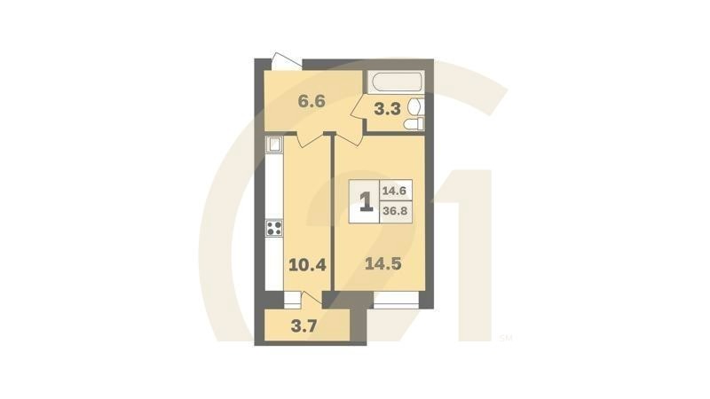 1-комн, 36.8 м², 2-8 этаж
