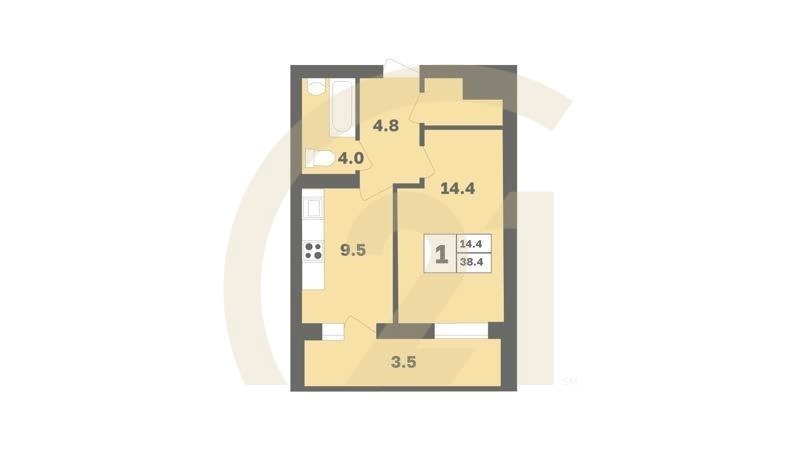1-комн, 38.4 м², 2-10 этаж