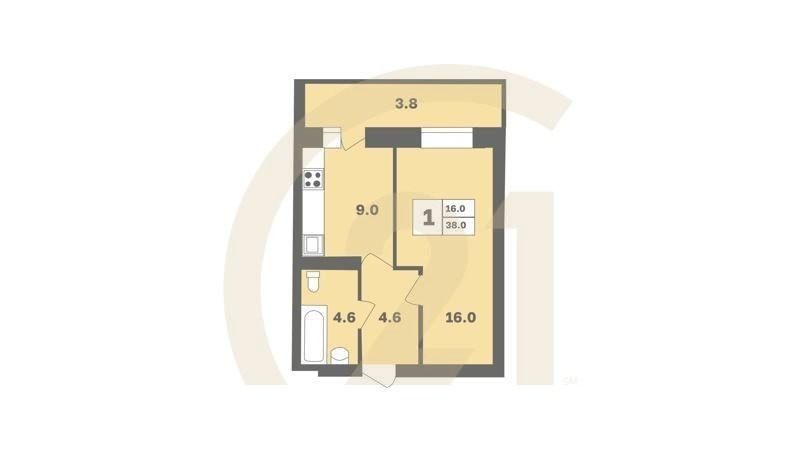 1-комн, 38 м², 2-9 этаж