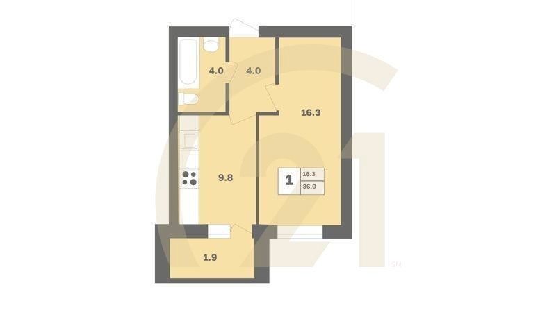 1-комн, 36 м², 8 этаж