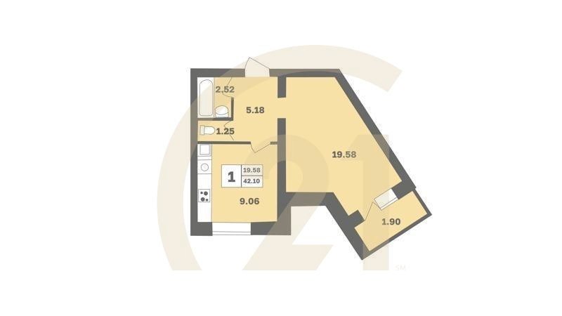 1-комн, 42.5 м², 4 этаж