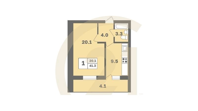 1-комн, 41.3 м², 2-10 этаж