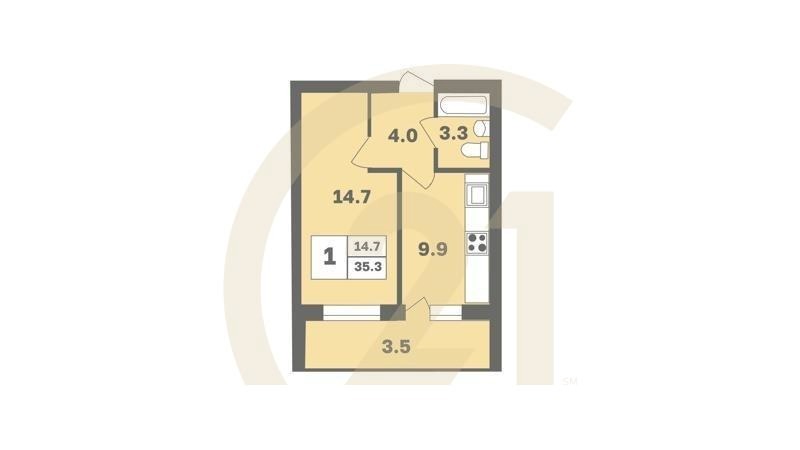 1-комн, 35.3 м², 3-9 этаж
