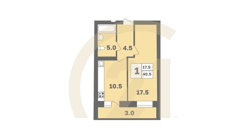 1-комн, 40.5 м², 2-9 этаж