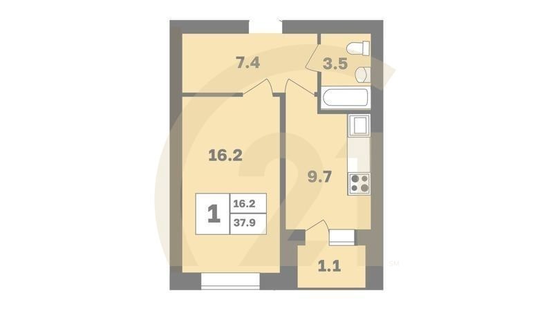 1-комн, 37.9 м², 1-9 этаж