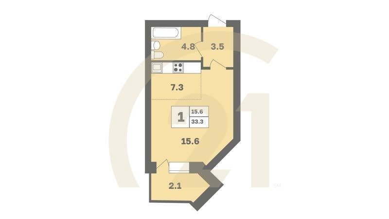 1-комн, 33.3 м², 1-9 этаж