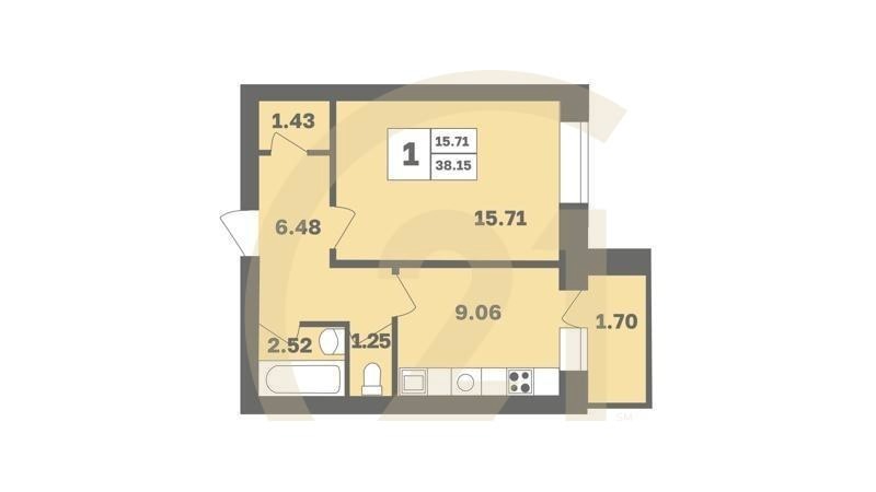 1-комн, 39.3 м², 1 этаж