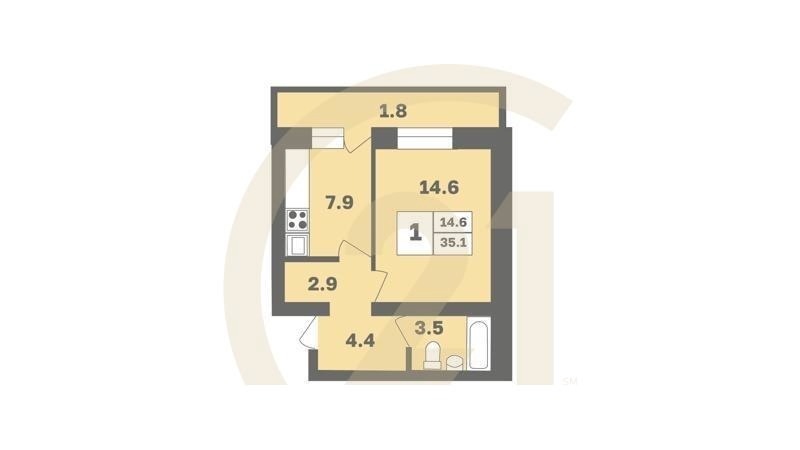 1-комн, 35.1 м², 8-9 этаж