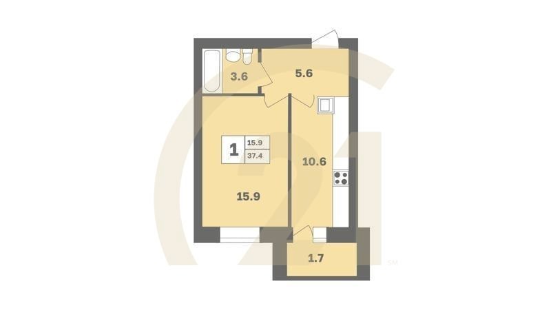1-комн, 37.4 м², 4-10 этаж