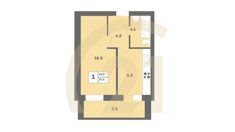 1-комн, 37.9 м², 1-9 этаж