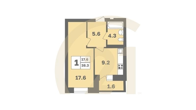 1-комн, 38.3 м², 2-9 этаж