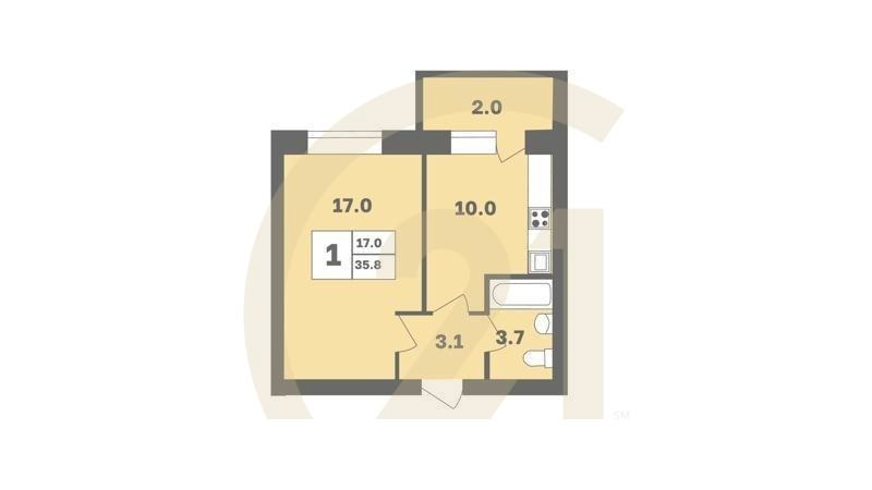 1-комн, 35.8 м², 9 этаж