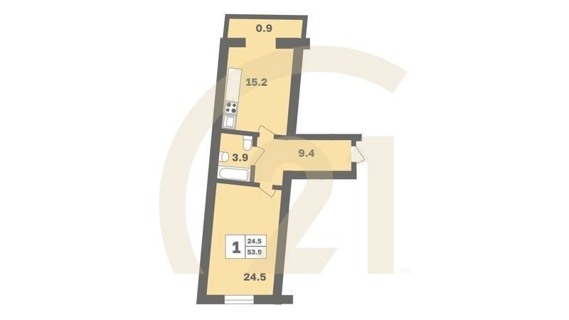 1-комн, 53.9 м², 4-9 этаж