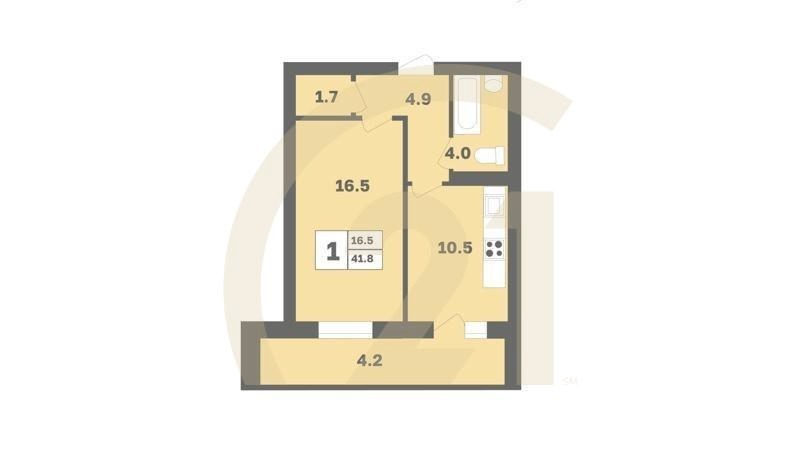 1-комн, 41.8 м², 2-10 этаж