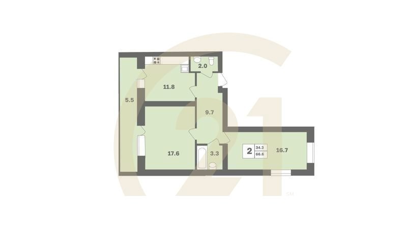 2-комн, 66.6 м², 2-9 этаж