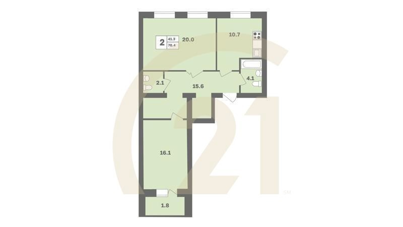 2-комн, 70.4 м², 1 этаж