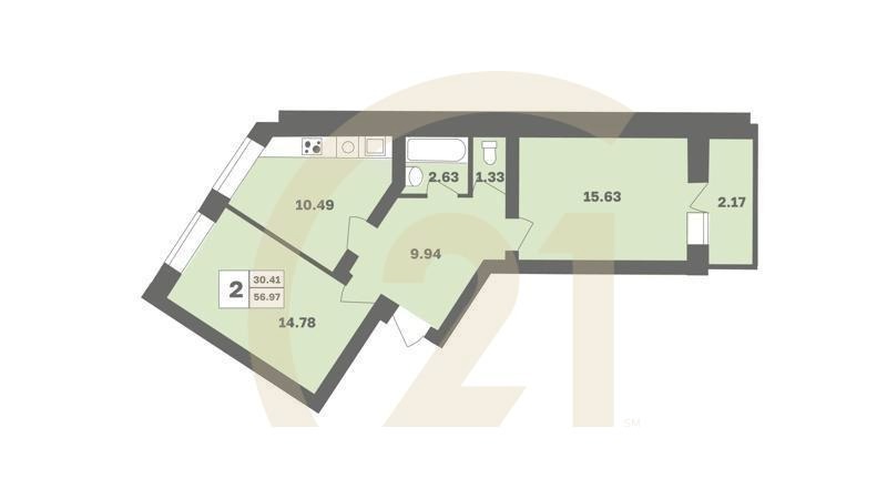 2-комн, 57.5 м², 1 этаж