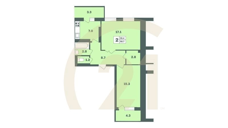 2-комн, 58.7 м², 2 этаж