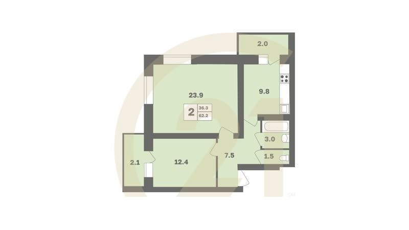 2-комн, 62.2 м², 2-8 этаж