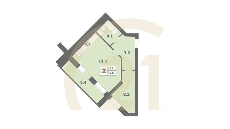 2-комн, 43.6 м², 5-9 этаж