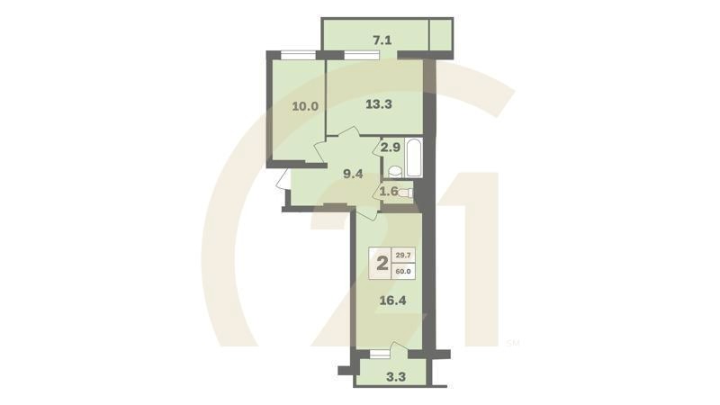 2-комн, 60 м², 2 этаж